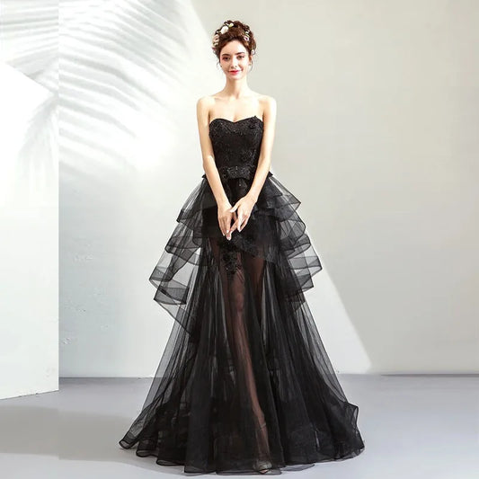 New Style Strapless Black Sexy See Through Lace Elegant Maxi Evening Dress for Women Party Wear