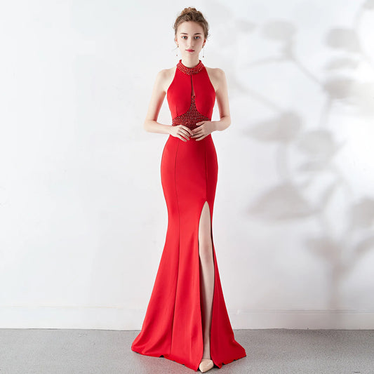 8637# Bridal Toasting Fashion Long Red Fishtail Halter Wedding Evening Dress