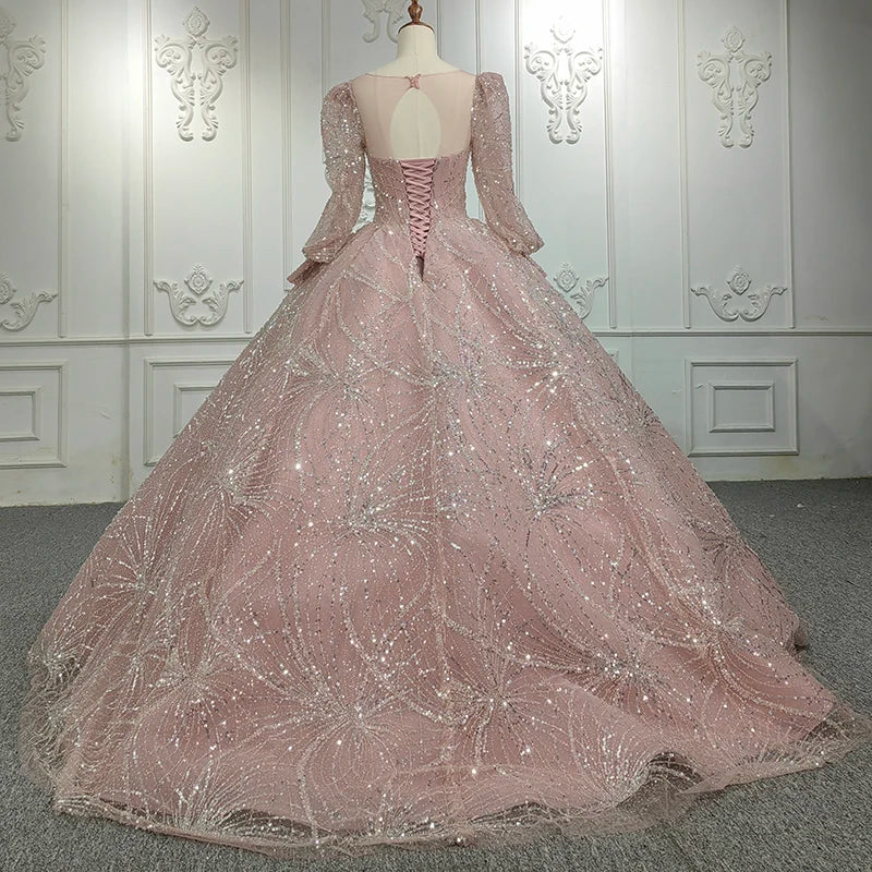 Jancember DY5660 Three Sleeve V-Neck Pearls Satin Sequined Tulle Evening Dress