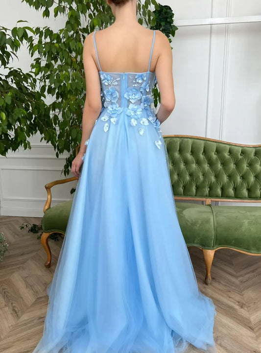Elegant A-Line Beach Lace Appliques Blue Spaghetti Straps Wedding Dress Prom Evening Dress for Plus Size Women Formal Dress
