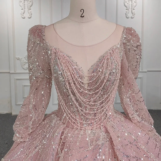 Jancember DY5660 Three Sleeve V-Neck Pearls Satin Sequined Tulle Evening Dress
