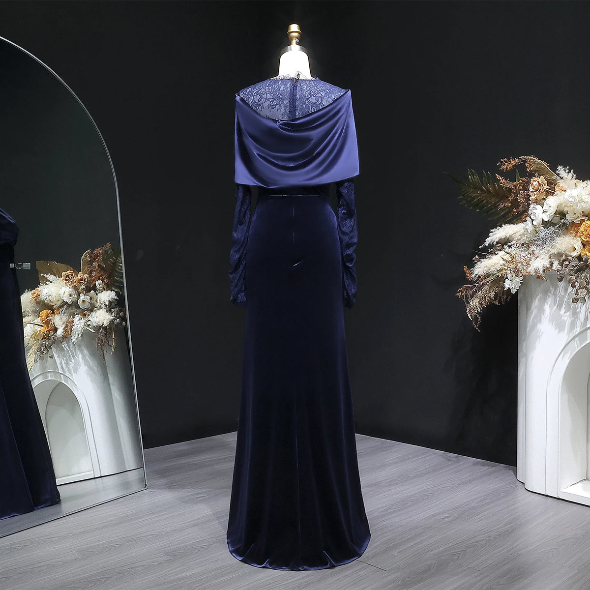 Sharon Said SF443 Elegant Navy Blue Mermaid Evening Dress Long Sleeve Off Shoulder Lace Women Wedding Party Gown