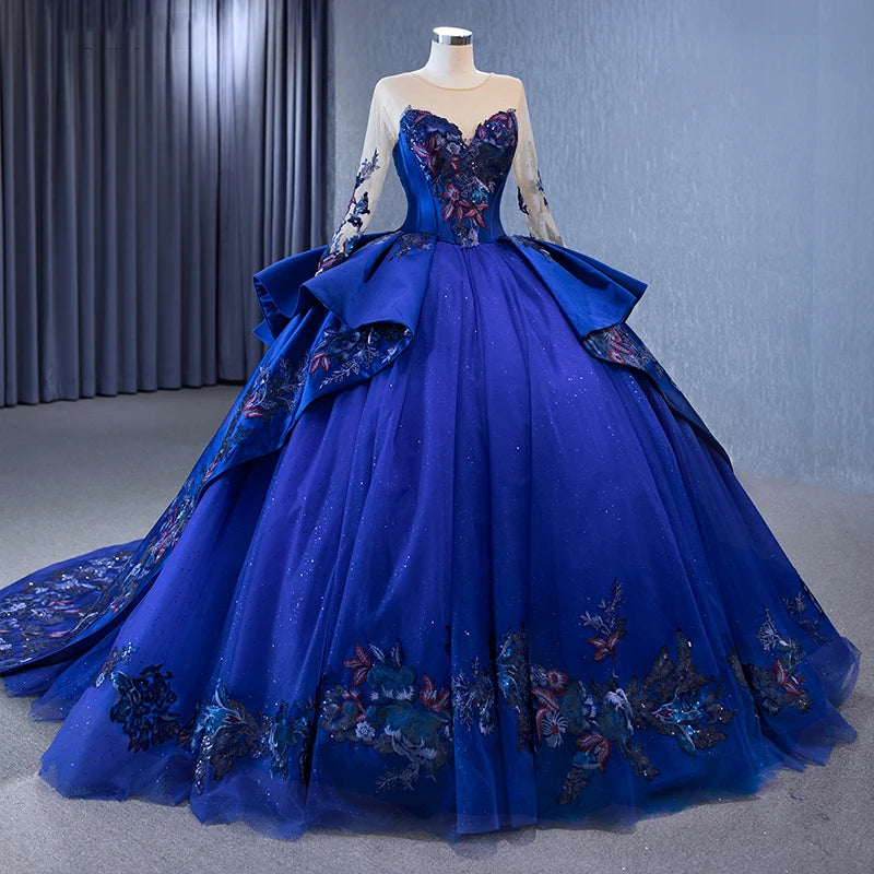 Jancember 231042 First-rate Blue Floral Print O-neck Ball Gown Sequined With Chpel Train Evening Dress