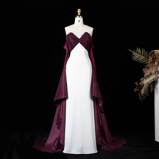 Jancember LSZ605 Chic Contrasting Formal Gown Dramatic Floor Length Cape Train Elegant Maxi Dress