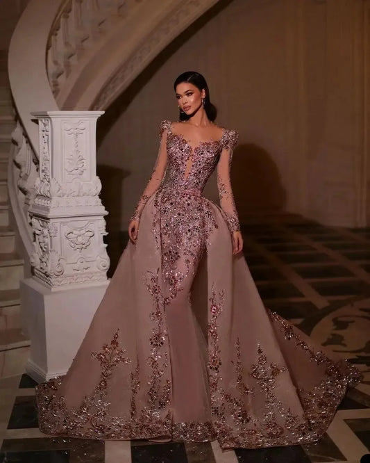 Customized Elegant Mermaid Decal Formal Women's Evening Dress With V-Neck Long Sleeves And Detachable Train Formal Party Dress