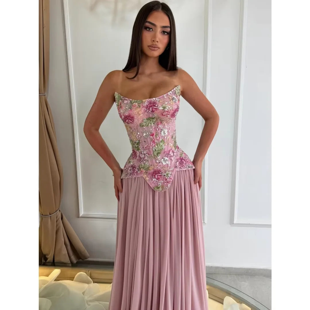 JEHETH Customized Dusty Pink Strapless Evening Dresses 2026 Chiffon Colorful Beading vestidos de noche Floor-Length Prom Gowns