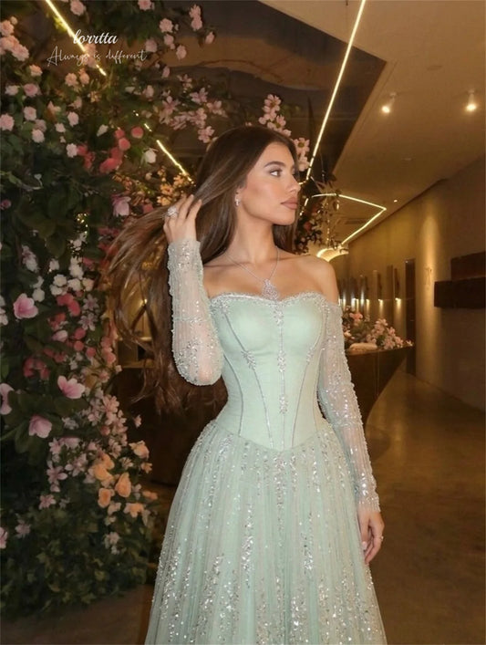 Lorrtta Tulle Off The Shoulder Green Ball Gown Princess Prom Dress Elegant Mint Hue Off-Shoulder Sweetheart Sequined Customized