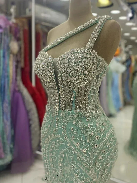Customized Exquisite Evening Dresses Gorgeous Dazzling One Shoulder Backless Fishtail Gown Beading Long Dress Formal Party Gowns
