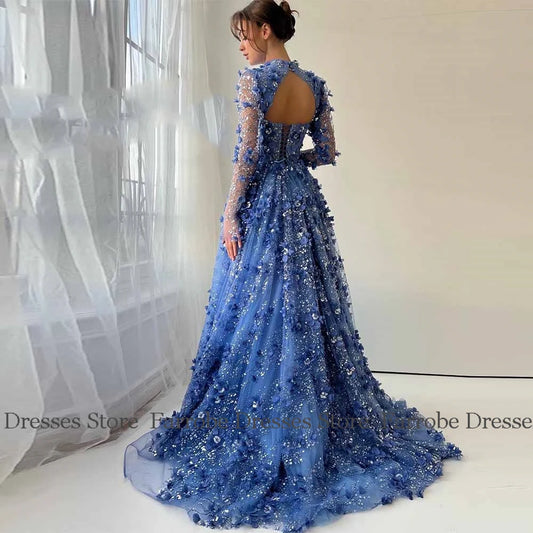 Luxurious Women's Evening Dresses 2025 Lace Sheath/Column Prom Dress Blue High Collar Hollow Lace-up Tailing Applique Party Gown