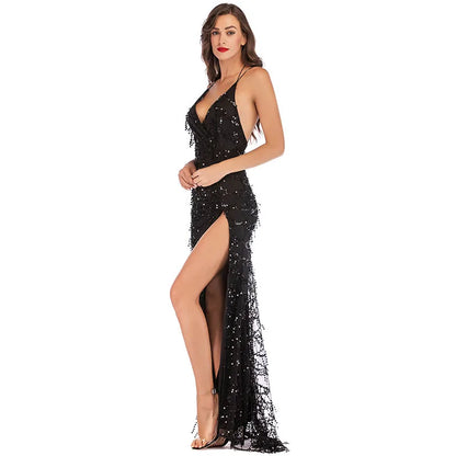 Women Sequin Deep V-neck Party Dresses High Split Spaghetti Strap Long Gowns Women Evening Dress