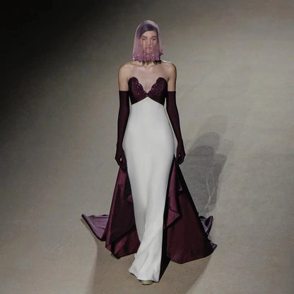 Jancember LSZ605 Chic Contrasting Formal Gown Dramatic Floor Length Cape Train Elegant Maxi Dress
