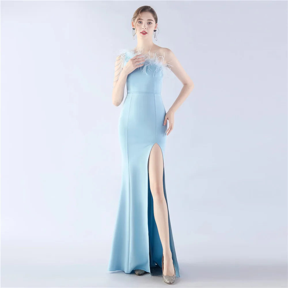 31367#2024 Craft Beaded Ostrich Hair Satin Cloth Long Evening Dress