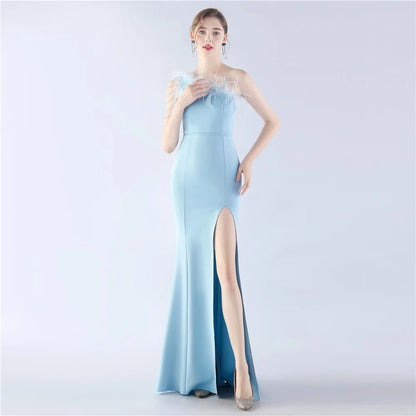 31367#2024 Craft Beaded Ostrich Hair Satin Cloth Long Evening Dress