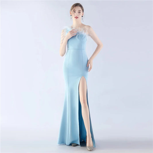 31367#2024 Craft Beaded Ostrich Hair Satin Cloth Long Evening Dress