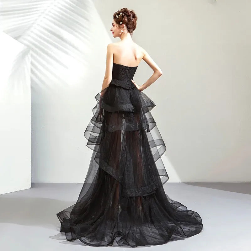 New Style Strapless Black Sexy See Through Lace Elegant Maxi Evening Dress for Women Party Wear