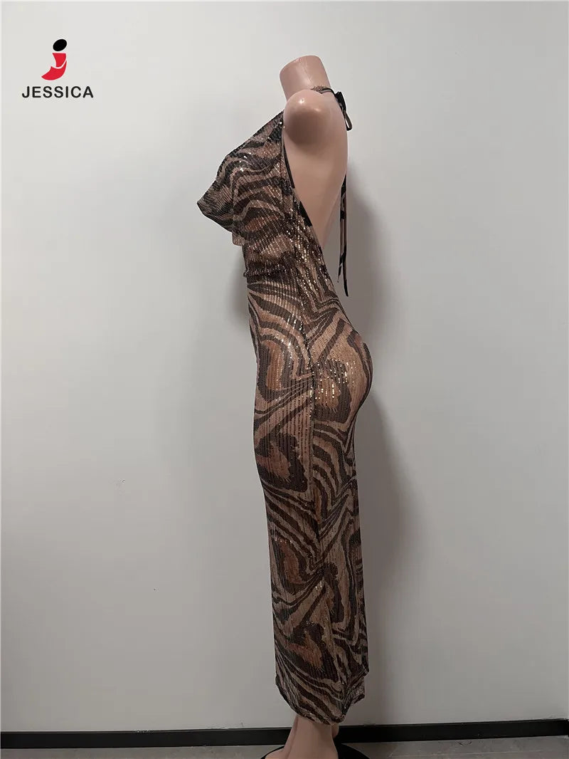 L0868-wholesale Elegant Leopard Sequin Drape v Neck Slim Fit Maxi Dress for Women Party Evening Dress