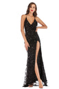 Women Sequin Deep V-neck Party Dresses High Split Spaghetti Strap Long Gowns Women Evening Dress