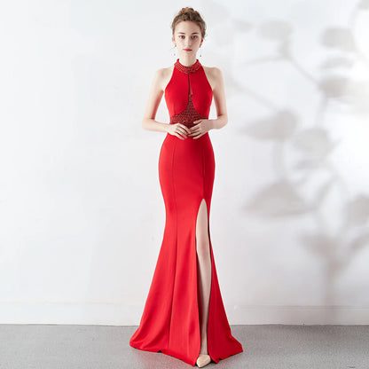 8637# Bridal Toasting Fashion Long Red Fishtail Halter Wedding Evening Dress