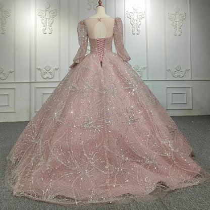 Jancember DY5660 Three Sleeve V-Neck Pearls Satin Sequined Tulle Evening Dress