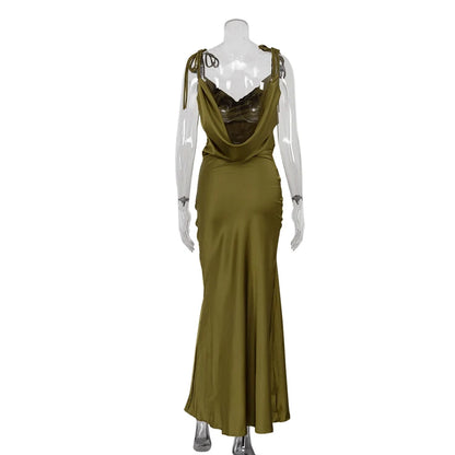 Summer Elegant Fashion Lace up Cowl Neck Zipped Backless Formal Lady Party Gown Dresses 2024 Green Long Evening Dress for Women