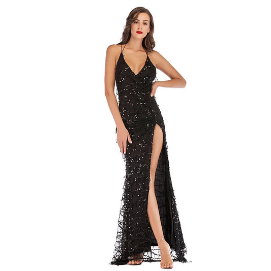 Women Sequin Deep V-neck Party Dresses High Split Spaghetti Strap Long Gowns Women Evening Dress