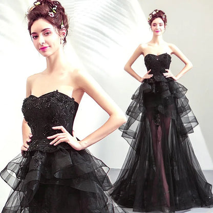 New Style Strapless Black Sexy See Through Lace Elegant Maxi Evening Dress for Women Party Wear