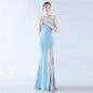31367#2024 Craft Beaded Ostrich Hair Satin Cloth Long Evening Dress