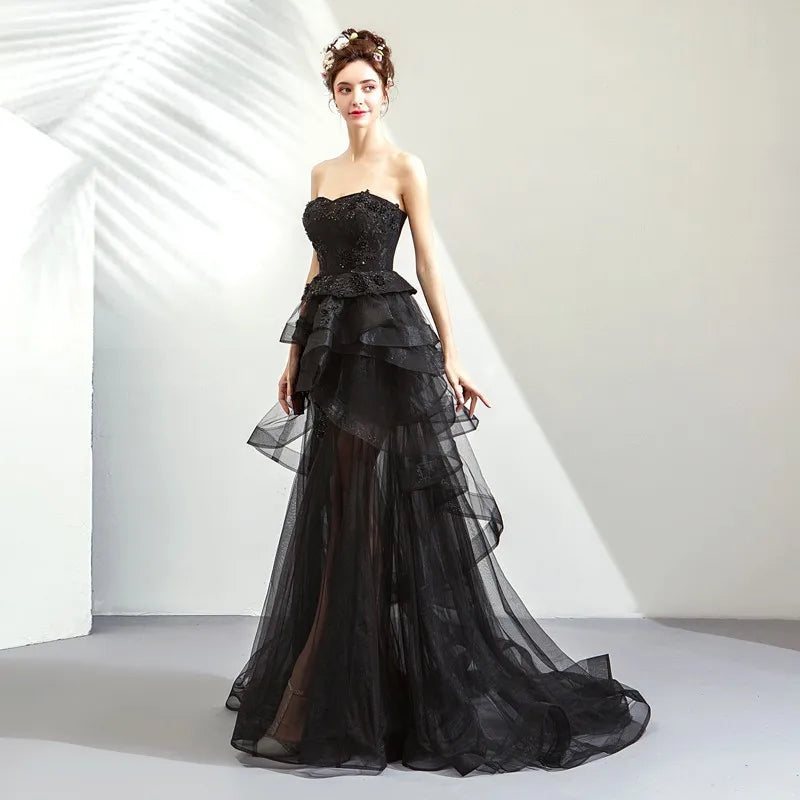 New Style Strapless Black Sexy See Through Lace Elegant Maxi Evening Dress for Women Party Wear