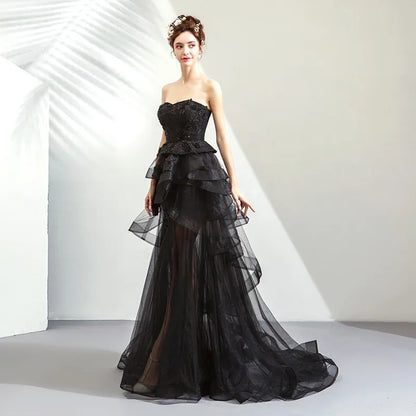 New Style Strapless Black Sexy See Through Lace Elegant Maxi Evening Dress for Women Party Wear