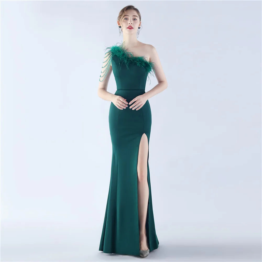 31367#2024 Craft Beaded Ostrich Hair Satin Cloth Long Evening Dress