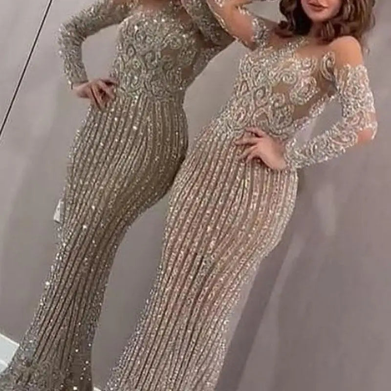 Liu Ming Latest Design Elegant Luxury Women Sexy Mesh See Through Lace Sequin Wedding Celebrity Party Evening Dress