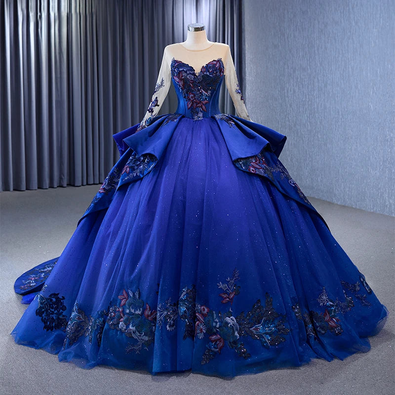 Jancember 231042 First-rate Blue Floral Print O-neck Ball Gown Sequined With Chpel Train Evening Dress