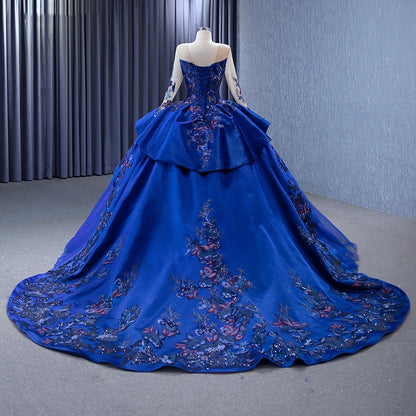 Jancember 231042 First-rate Blue Floral Print O-neck Ball Gown Sequined With Chpel Train Evening Dress
