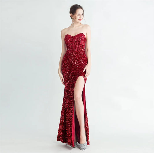 31155# New Magic Beads After Tied Rope Corset Type Side Slit With Chest Fish Bone Evening Dress