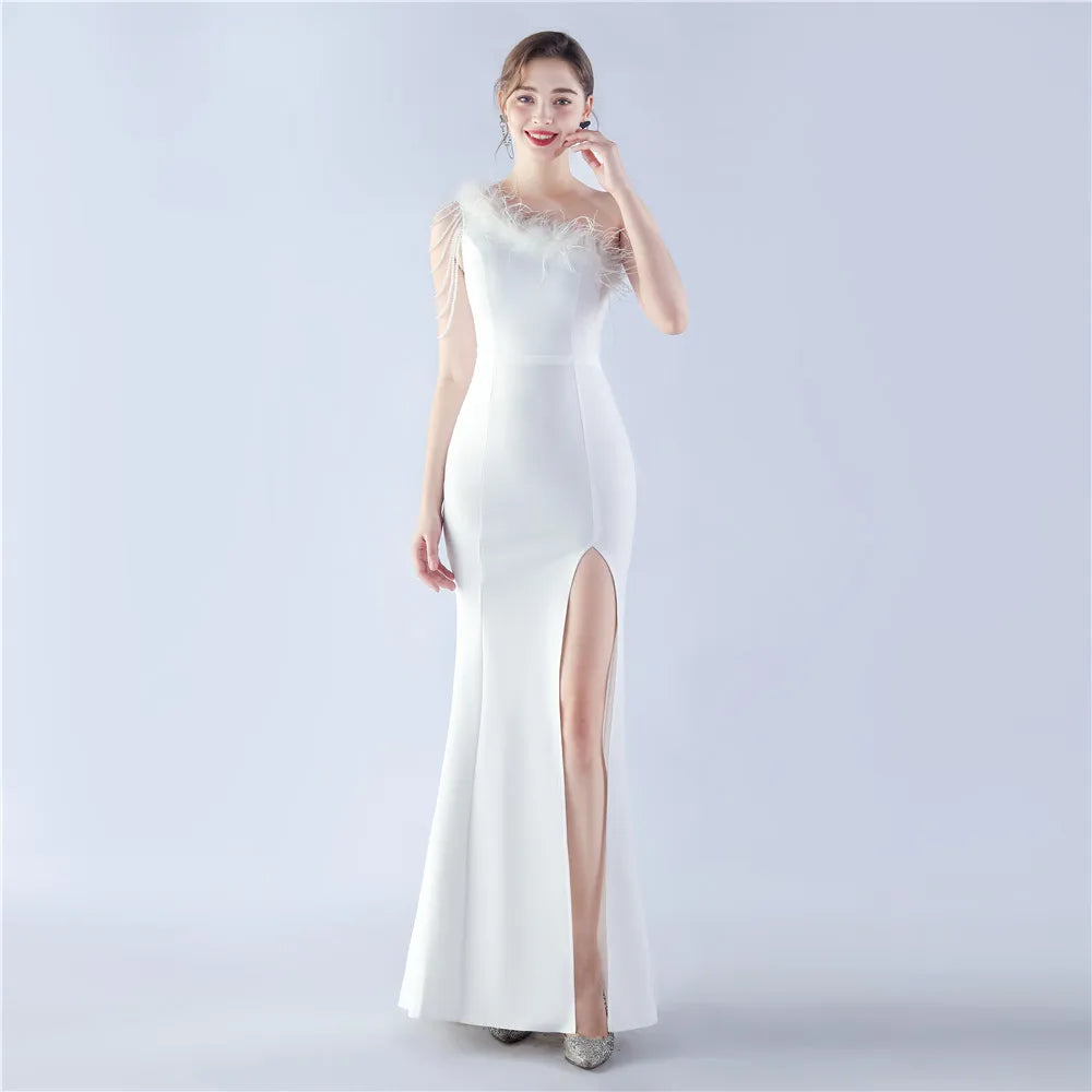 31367#2024 Craft Beaded Ostrich Hair Satin Cloth Long Evening Dress