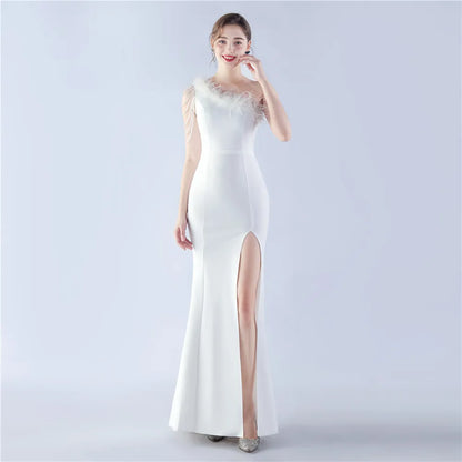 31367#2024 Craft Beaded Ostrich Hair Satin Cloth Long Evening Dress