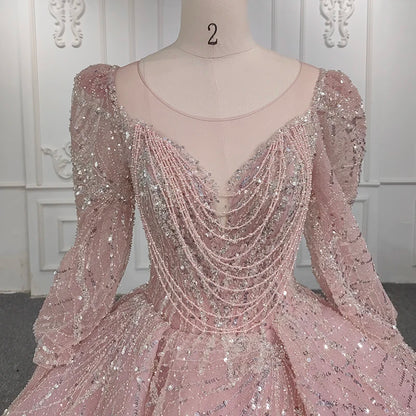 Jancember DY5660 Three Sleeve V-Neck Pearls Satin Sequined Tulle Evening Dress