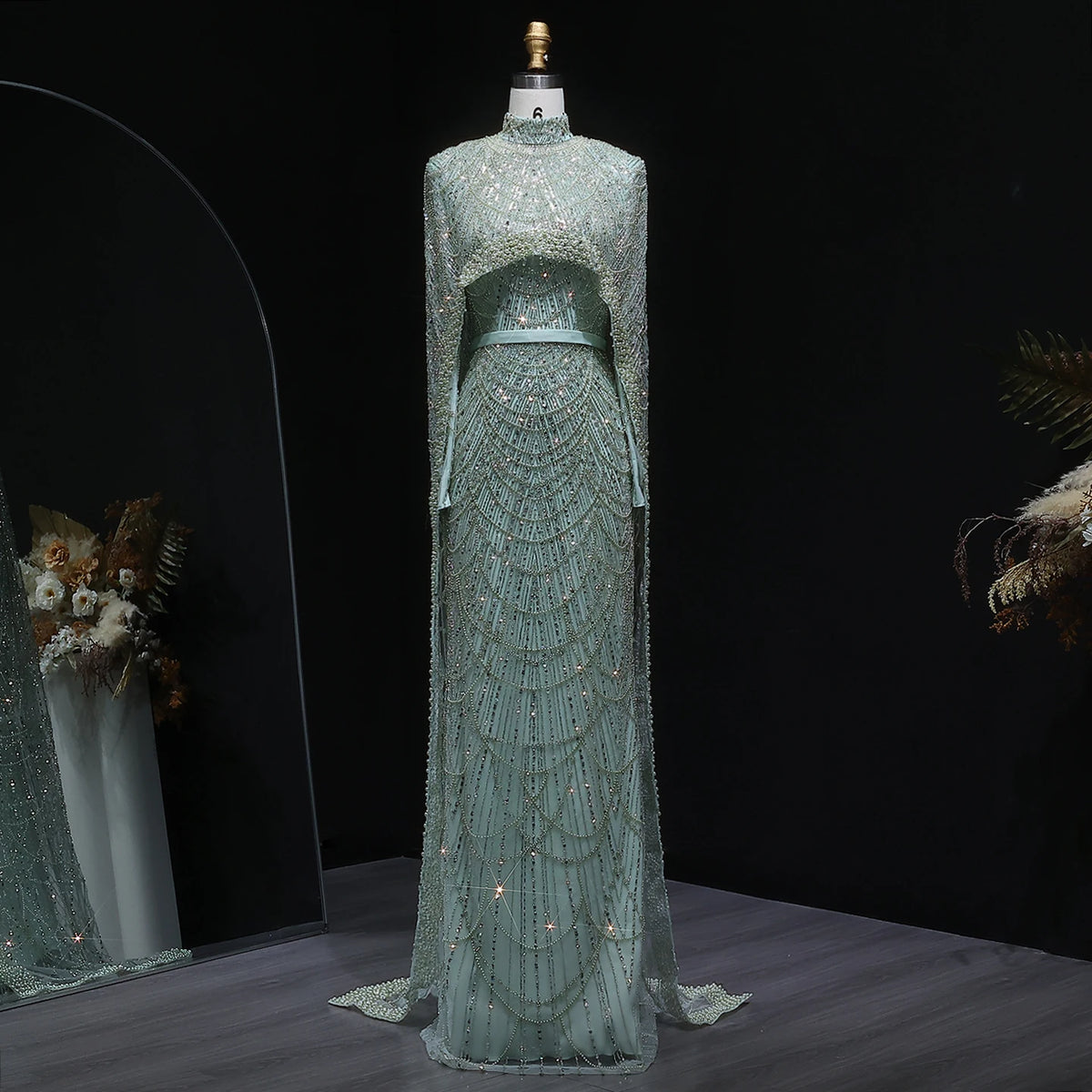SharonSaid SS369A Dubai  Emerald Green Luxury Long Sleeves Muslim Evening Dress with Cape Women Wedding Special Occasion Gowns