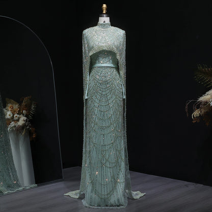SharonSaid SS369A Dubai  Emerald Green Luxury Long Sleeves Muslim Evening Dress with Cape Women Wedding Special Occasion Gowns