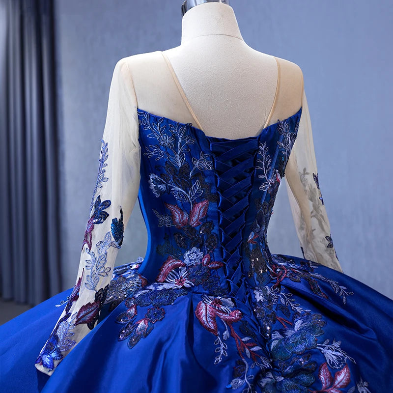 Jancember 231042 First-rate Blue Floral Print O-neck Ball Gown Sequined With Chpel Train Evening Dress