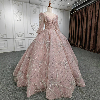 Jancember DY5660 Three Sleeve V-Neck Pearls Satin Sequined Tulle Evening Dress