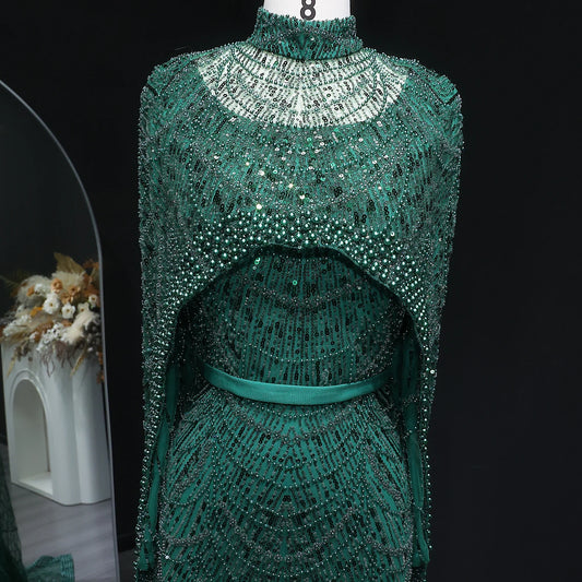 SharonSaid SS369A Dubai  Emerald Green Luxury Long Sleeves Muslim Evening Dress with Cape Women Wedding Special Occasion Gowns