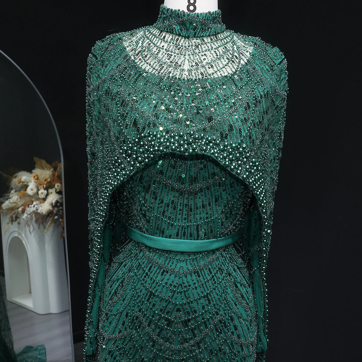 SharonSaid SS369A Dubai  Emerald Green Luxury Long Sleeves Muslim Evening Dress with Cape Women Wedding Special Occasion Gowns