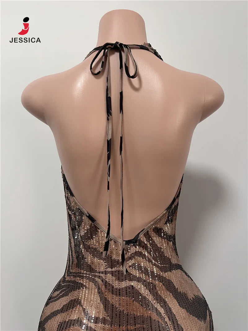 L0868-wholesale Elegant Leopard Sequin Drape v Neck Slim Fit Maxi Dress for Women Party Evening Dress