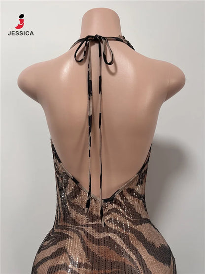 L0868-wholesale Elegant Leopard Sequin Drape v Neck Slim Fit Maxi Dress for Women Party Evening Dress