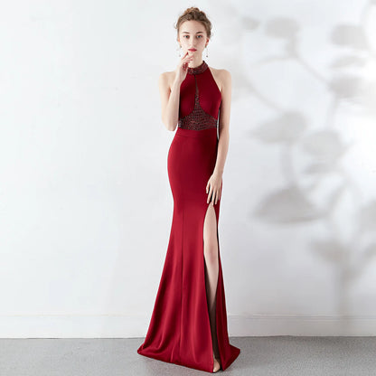 8637# Bridal Toasting Fashion Long Red Fishtail Halter Wedding Evening Dress