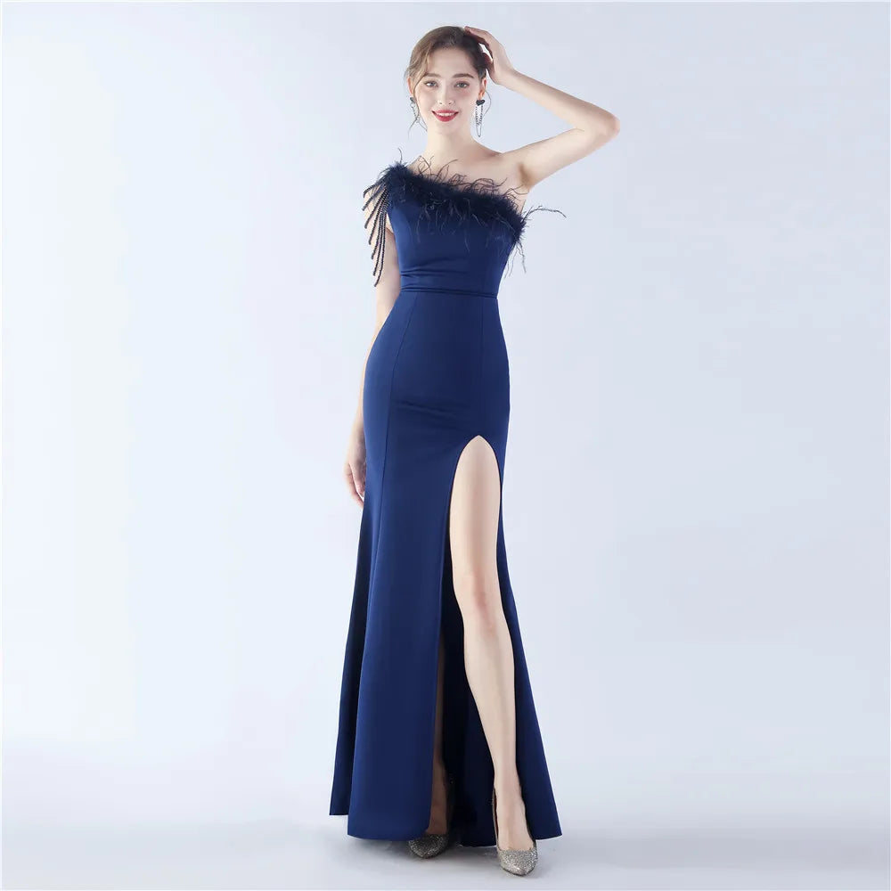 31367#2024 Craft Beaded Ostrich Hair Satin Cloth Long Evening Dress