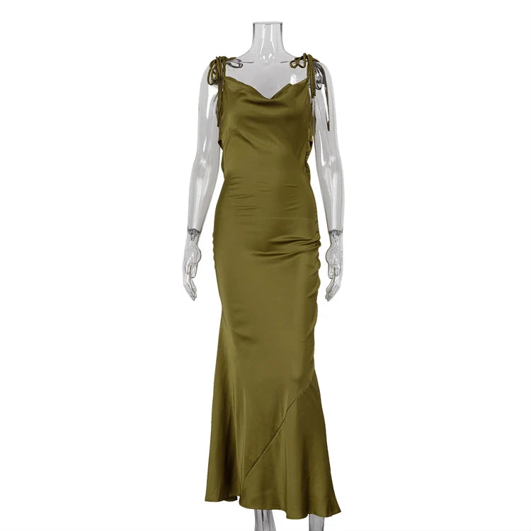 Summer Elegant Fashion Lace up Cowl Neck Zipped Backless Formal Lady Party Gown Dresses 2024 Green Long Evening Dress for Women