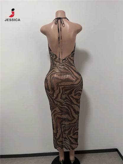 L0868-wholesale Elegant Leopard Sequin Drape v Neck Slim Fit Maxi Dress for Women Party Evening Dress