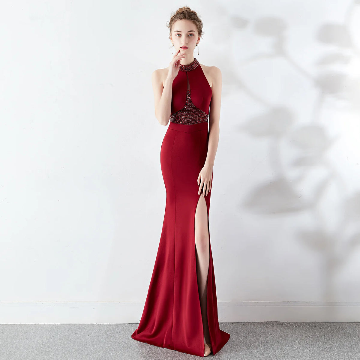 8637# Bridal Toasting Fashion Long Red Fishtail Halter Wedding Evening Dress